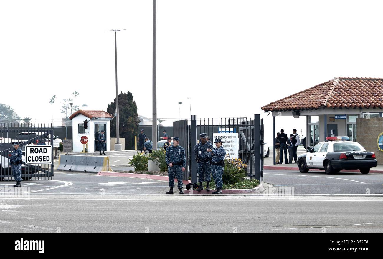 Military police stand guard outside Naval Base Point Loma in San Diego