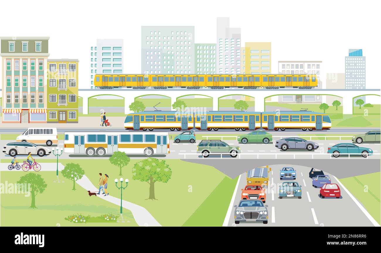 Rue principale avec tram et circulation routière et devant les bâtiments, illustration Illustration de Vecteur