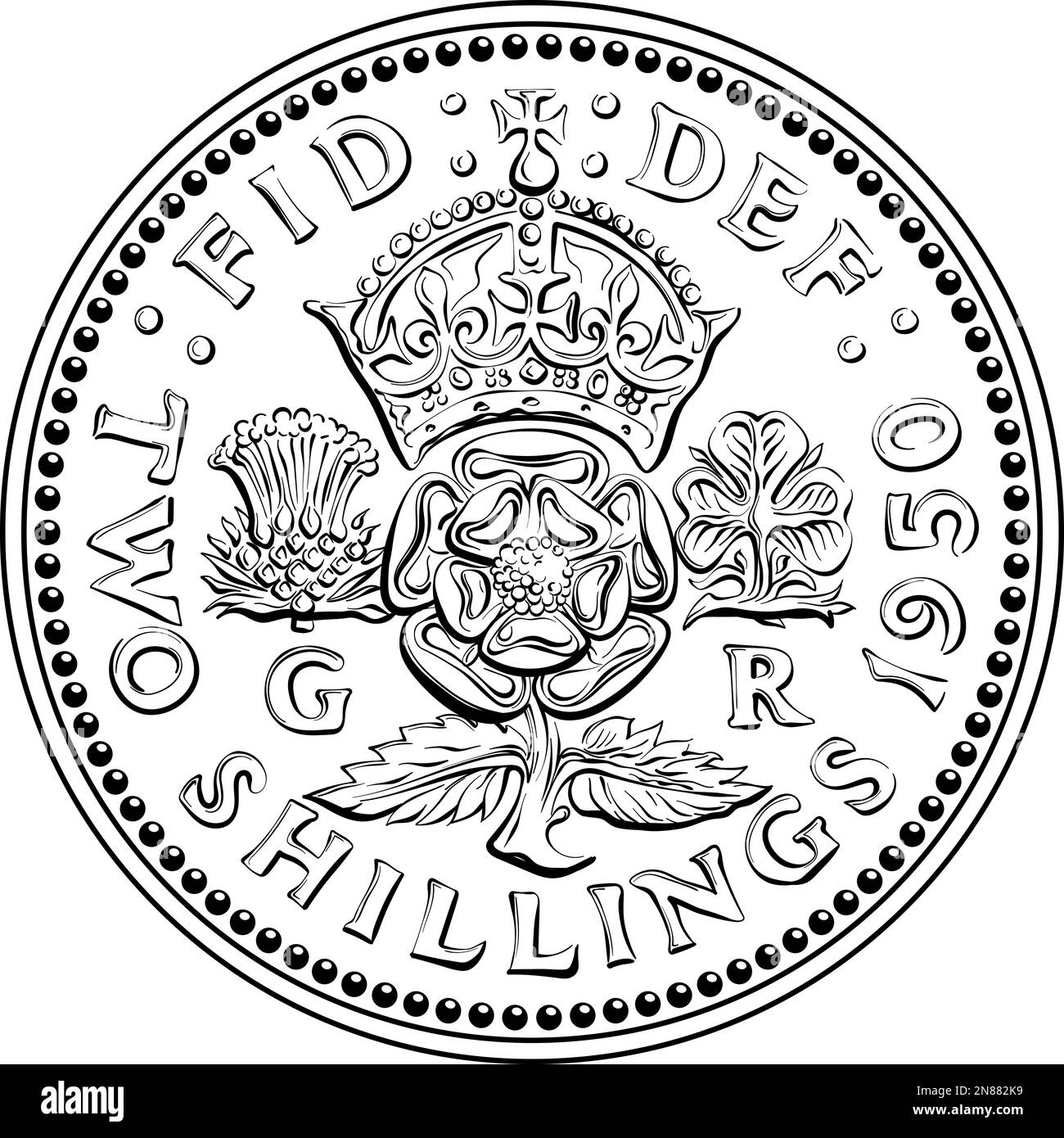 Monnaie britannique deux shillings, le roi George VI florin, à l'envers avec la rose couronnée, le chardon et le shamrock, noir et blanc Illustration de Vecteur