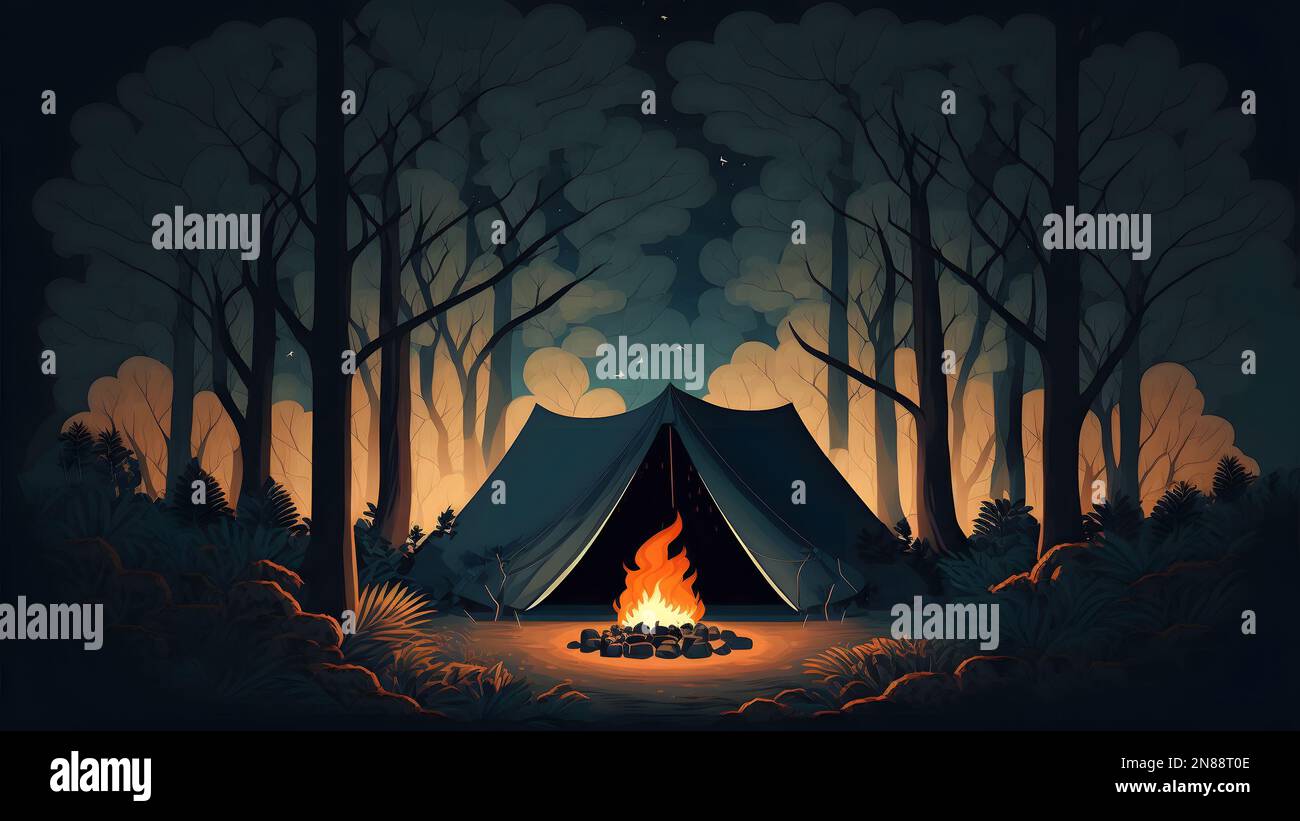le feu de camp brûle devant une tente touristique dans la forêt de nuit