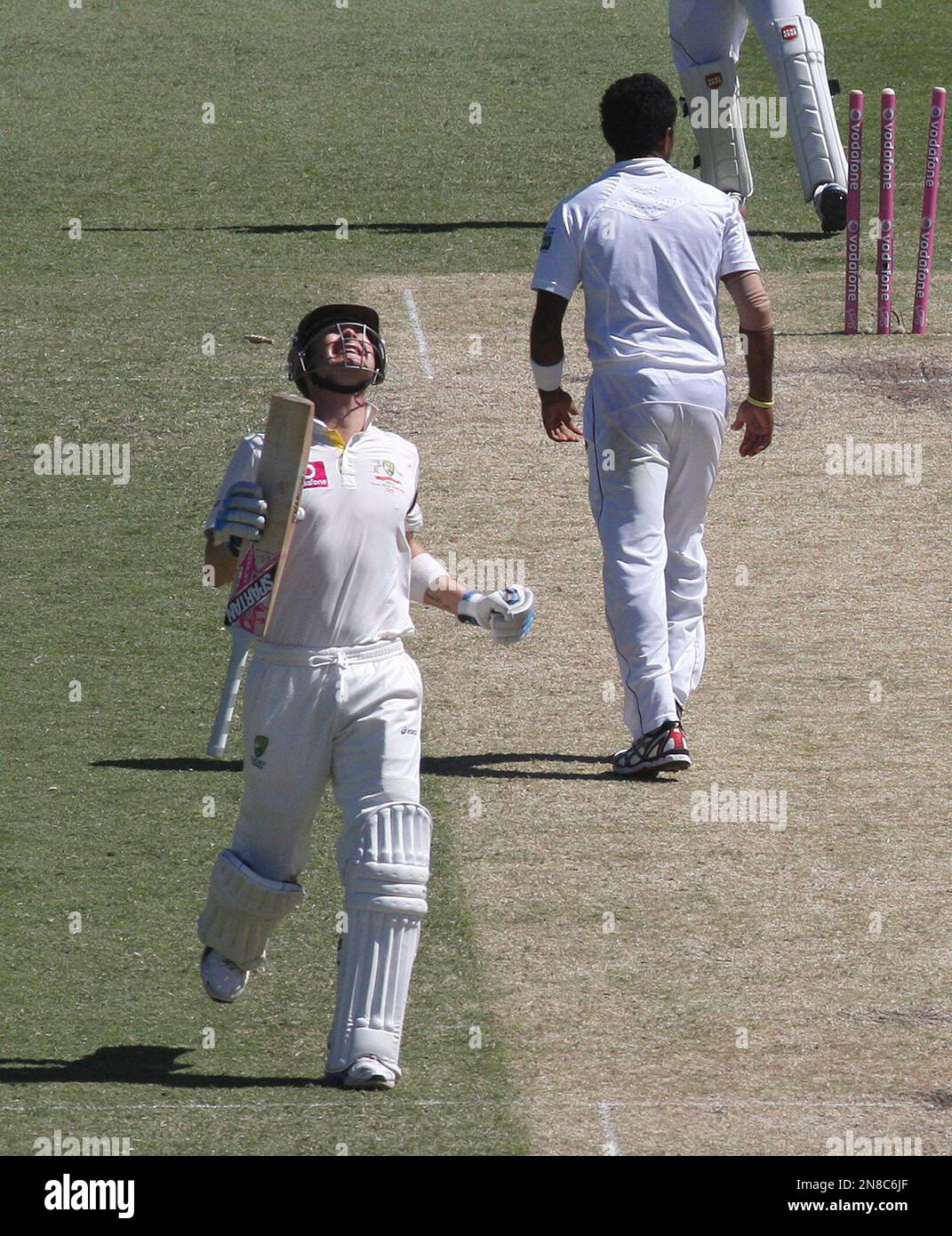 Australia's captain Michael Clarke, left, reacts as Michael Hussey was run our on day two of their third cricket test match against Sri Lanka in Sydney, Australia, Friday, Jan. 4, 2013. Australia at the end of play are 6 for 342 in reply to Sri Lanka's first innings of 294. (AP Photo/Rob Griffith) Banque D'Images
