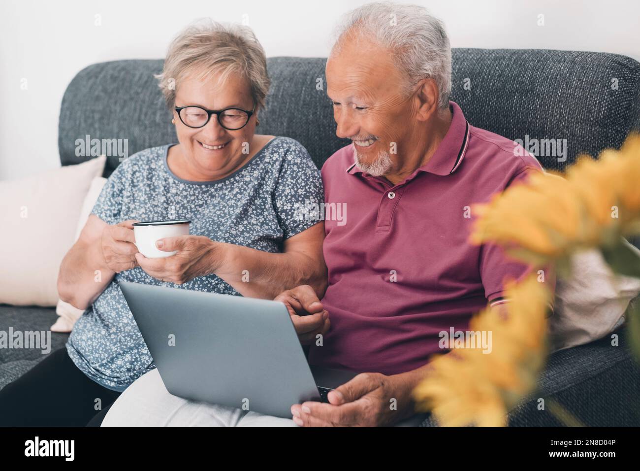 Un couple heureux senior à la retraite qui utilise un ordinateur portable ensemble, une famille de personnes âgées souriantes lisant les actualités, magasiner en ligne à la maison, les personnes âgées et l'ordinateur o Banque D'Images