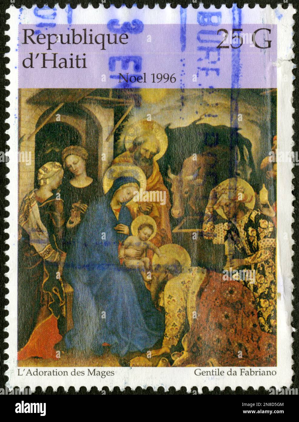 TIMBRE OBLITÉRÉ NOEL 1996. RÉPUBLIQUE D’HAÏTI. L'ADORATION DES MAGES. GENTILE DA FABRIANO. 25 G Banque D'Images