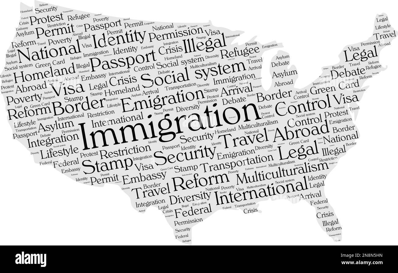 Concept de nuage de mot d'immigration en forme de silhouette des États-Unis. Texte noir sur la carte grise. Illustration de Vecteur