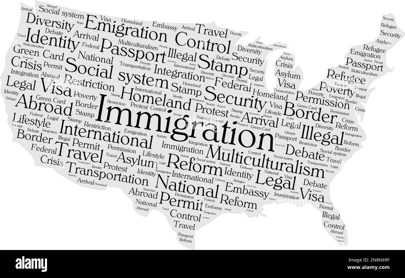 Concept de nuage de mot d'immigration en forme de silhouette des États-Unis. Texte noir sur la carte grise. Illustration de Vecteur