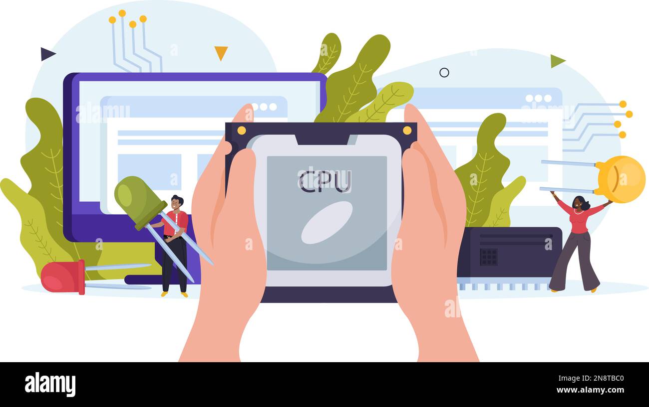Composition de concept plate Microchip avec mains humaines tenant l'unité centrale du processeur en arrière-plan avec composants électroniques et illustrateur de vecteur humain Illustration de Vecteur