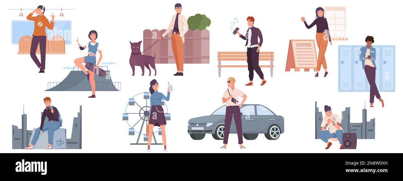 Personnes style de vie plat avec des adolescents et des adultes décontractés dans divers endroits dans la ville isolée illustration de vecteur Illustration de Vecteur