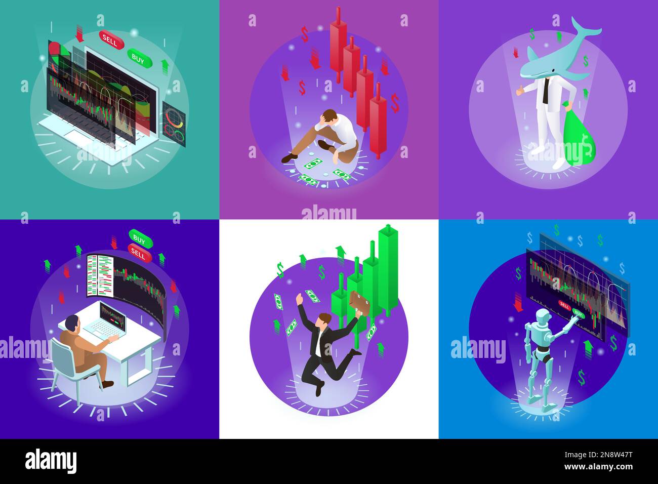 Jeu de négociation avec des compositions rondes isolées de barres isométriques et des icônes de graphique avec l'illustration de vecteur de caractères cyber-humains Illustration de Vecteur