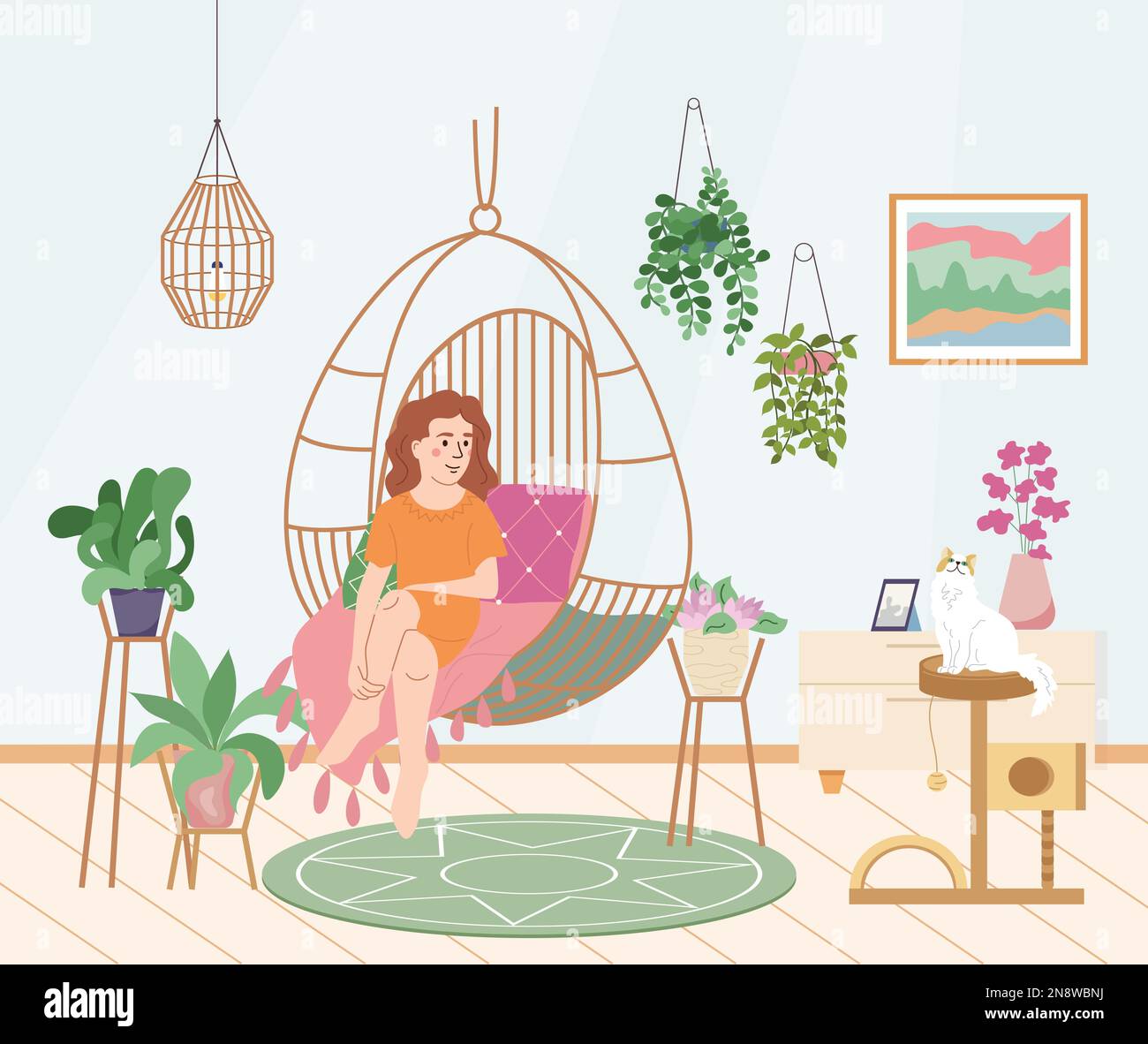 Maison jardinage composition plate avec intérieur décor avec femme en chaise hamac entouré de plantes illustration vectorielle Illustration de Vecteur