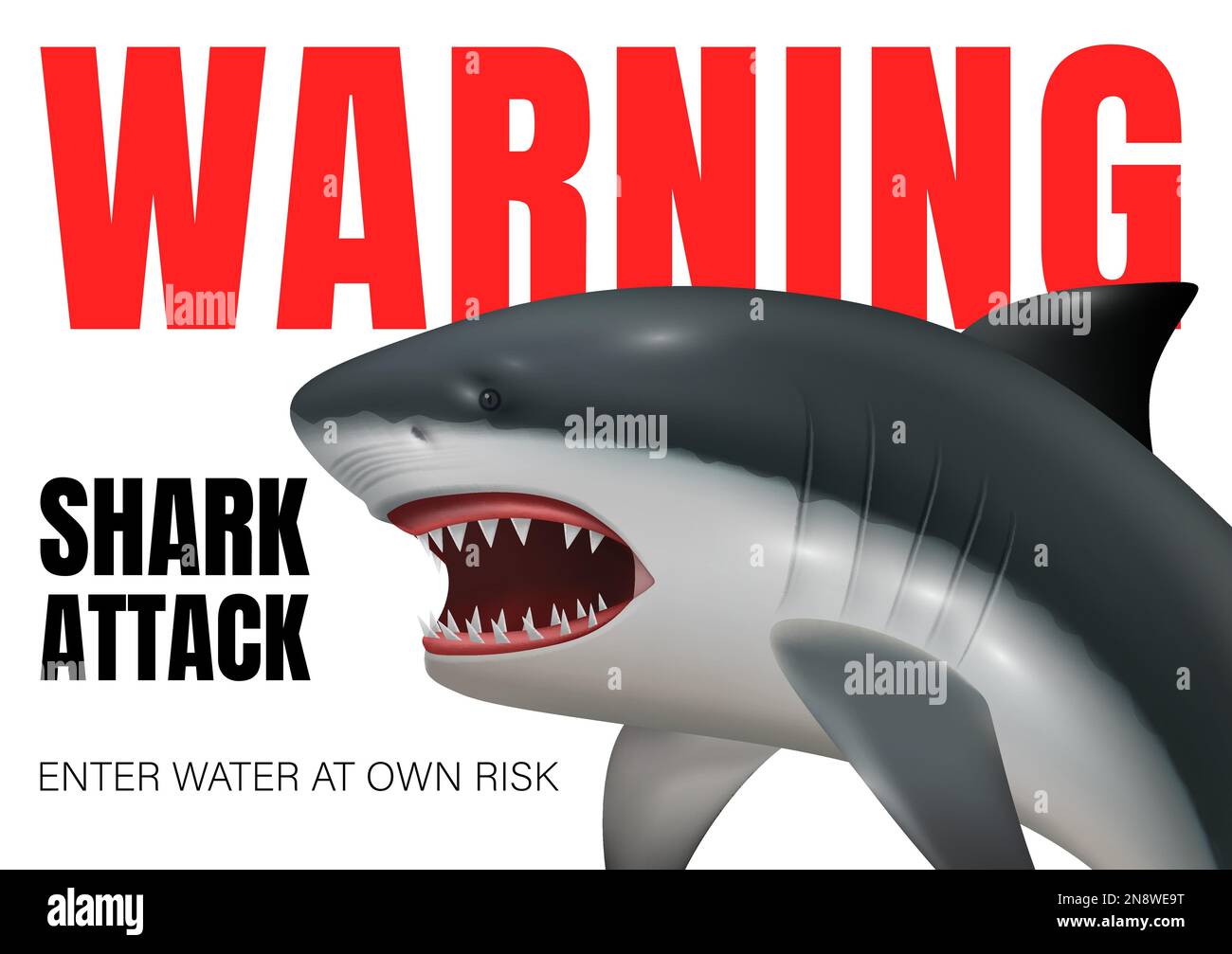 Affiche réaliste de requin avec image de prédateur dangereuse et illustration vectorielle de texte d'avertissement Illustration de Vecteur