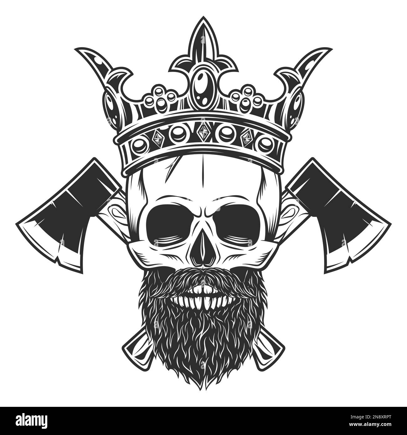Crâne en couronne roi avec moustache et barbe et hache en bois croisé entreprise menuiserie ou emblème de bûcherons outil de construction Illustration de Vecteur