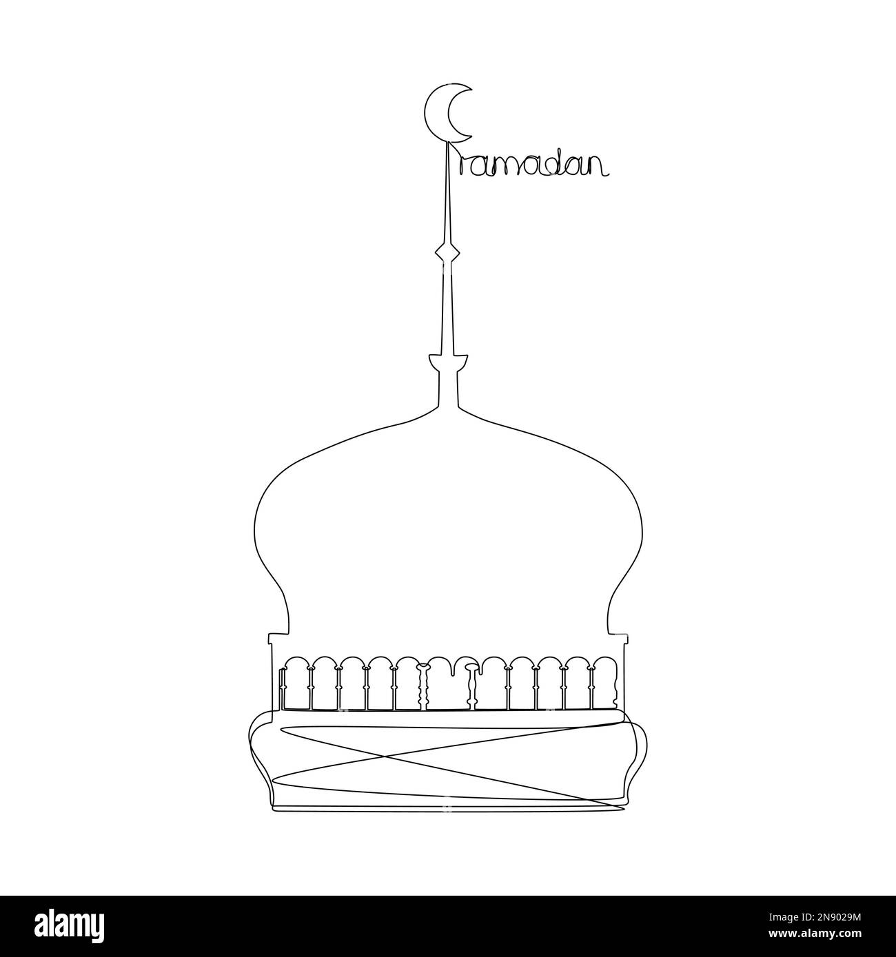 Une ligne continue d'affiche du Ramadan avec architecture arabe. Concept de vecteur d'illustration à trait fin. Dessin de contour idées créatives. Illustration de Vecteur