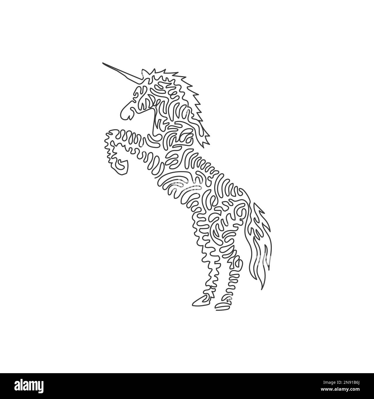Un seul dessin curly d'une ligne de l'art abstrait légendaire unicorn Dessin en ligne continue illustration vectorielle d'une licorne forte et splendide Illustration de Vecteur