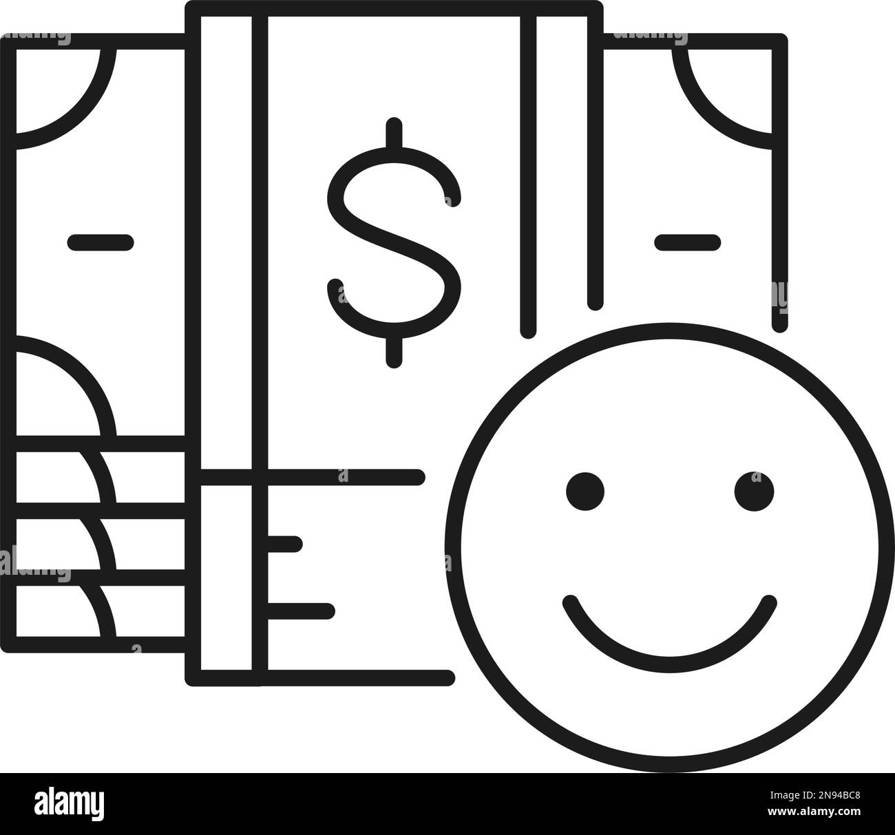 Billets en dollars avec Happy face, assurance argent, icône de ligne de paiement en espèces. Paiement en espèces, facture papier, symbole dollar. Illustration de Vecteur