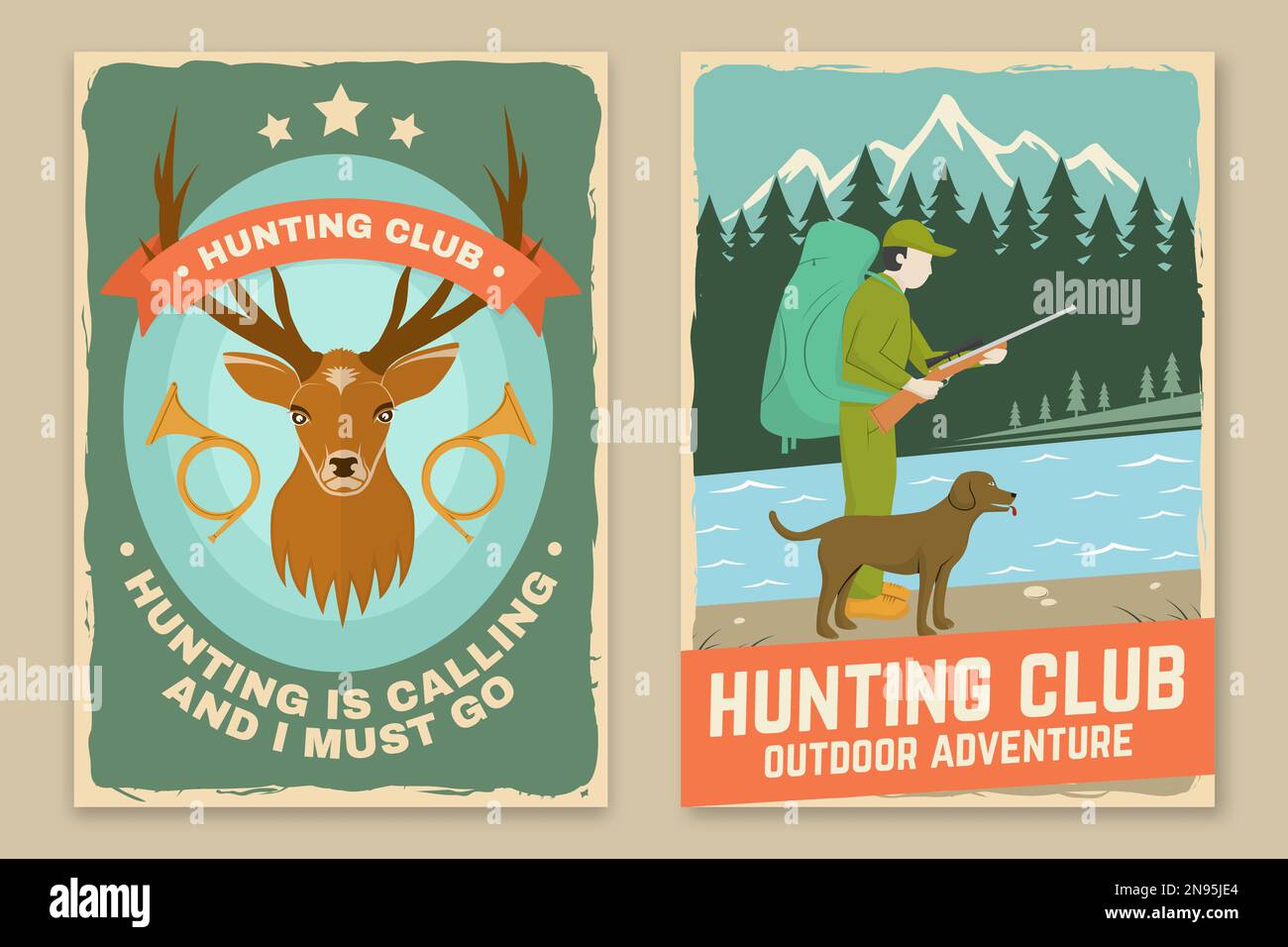 Affiche, bannière du club de chasse. Vecteur. Typographie vintage avec chasseur, chien, fusil de chasse, cerf, corne de chasse, montagnes et forêt. Extérieur Illustration de Vecteur