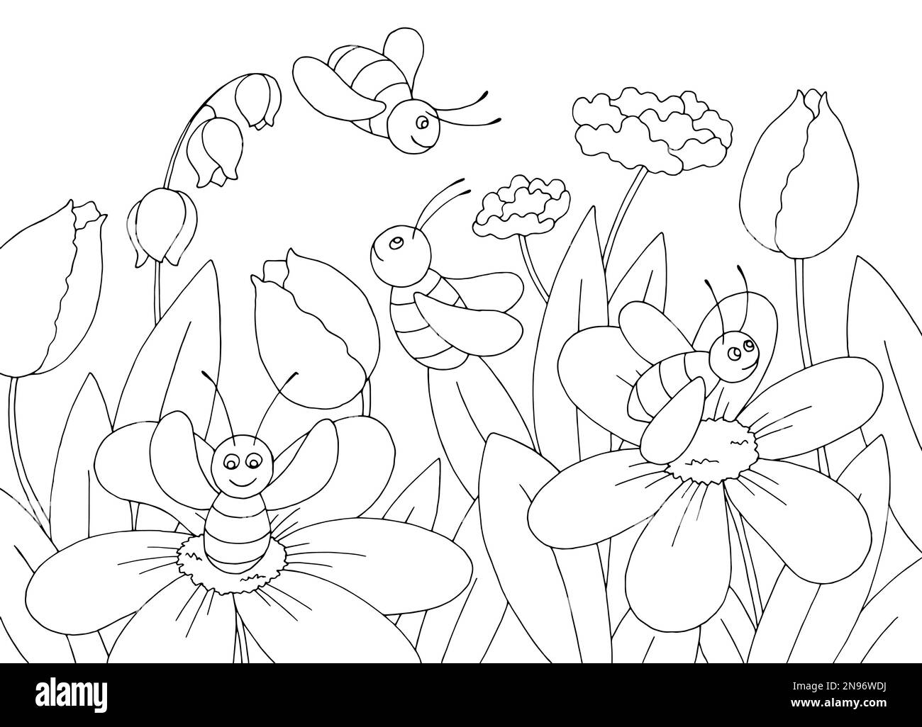 Drôle d'abeille sur fleur graphique noir blanc esquisse paysage illustration vecteur Illustration de Vecteur