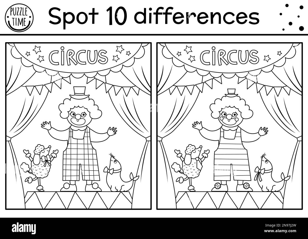 Cirque noir et blanc trouver les différences jeu. Activité éducative avec le clown mignon, les animaux sur scène. Puzzle de ligne de spectacle d'amusement pour les enfants avec un drôle Illustration de Vecteur