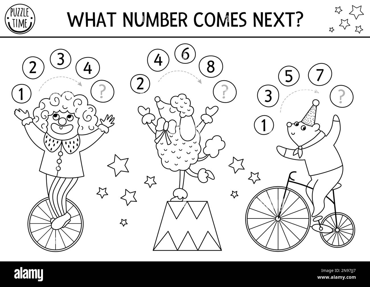 Le numéro suivant. Noir et blanc Continuer le jeu de rangée avec des chiffres et des artistes de cirque mignons. Page de coloriage mathématique logique avec cl Illustration de Vecteur