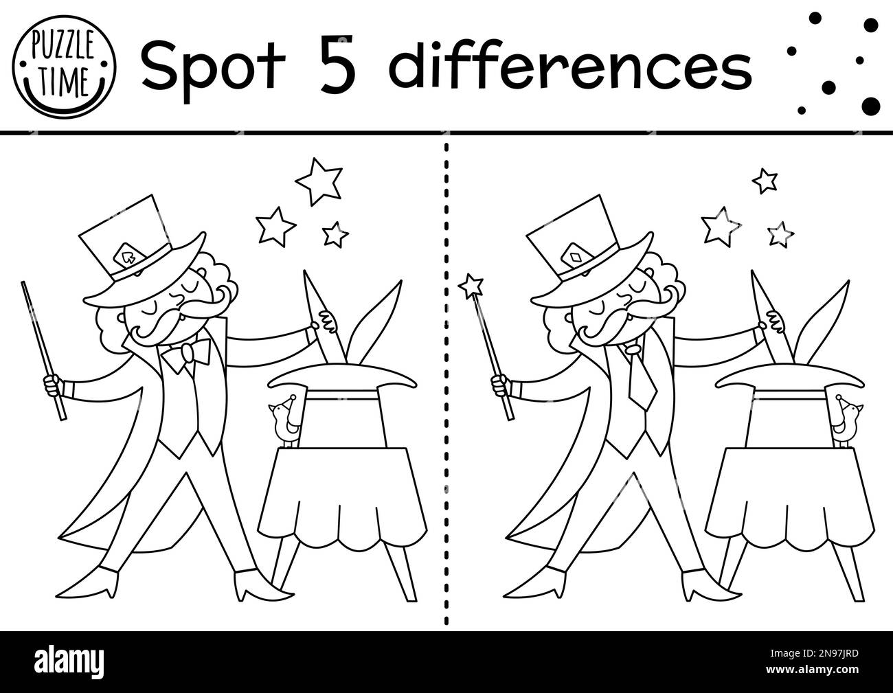 Cirque noir et blanc trouver des jeux de différences pour les enfants. Activité de ligne éducative avec magicien montrant tour avec chapeau et lapin. Spectacle d'amusement p Illustration de Vecteur
