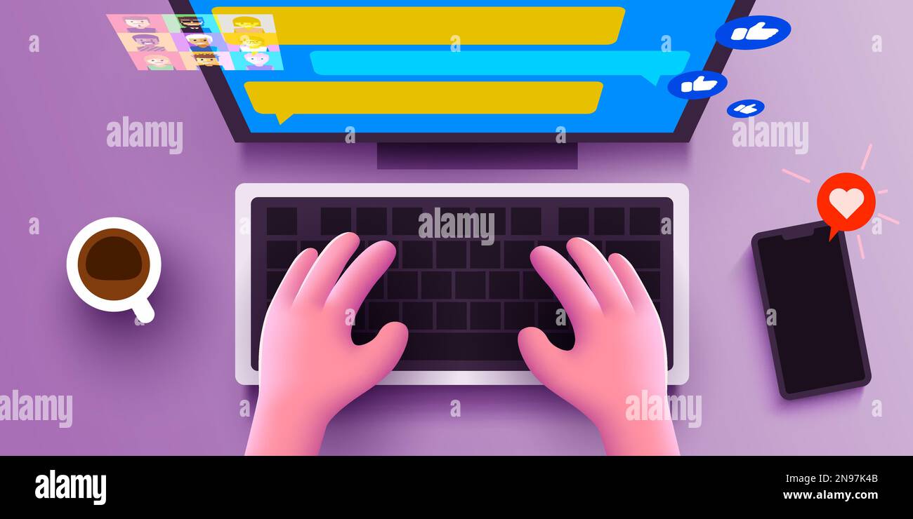 Mignon 3D mains humaines discutant sur un clavier d'ordinateur. Concept de réseau social et de marketing. Vue de dessus. Illustration vectorielle Illustration de Vecteur