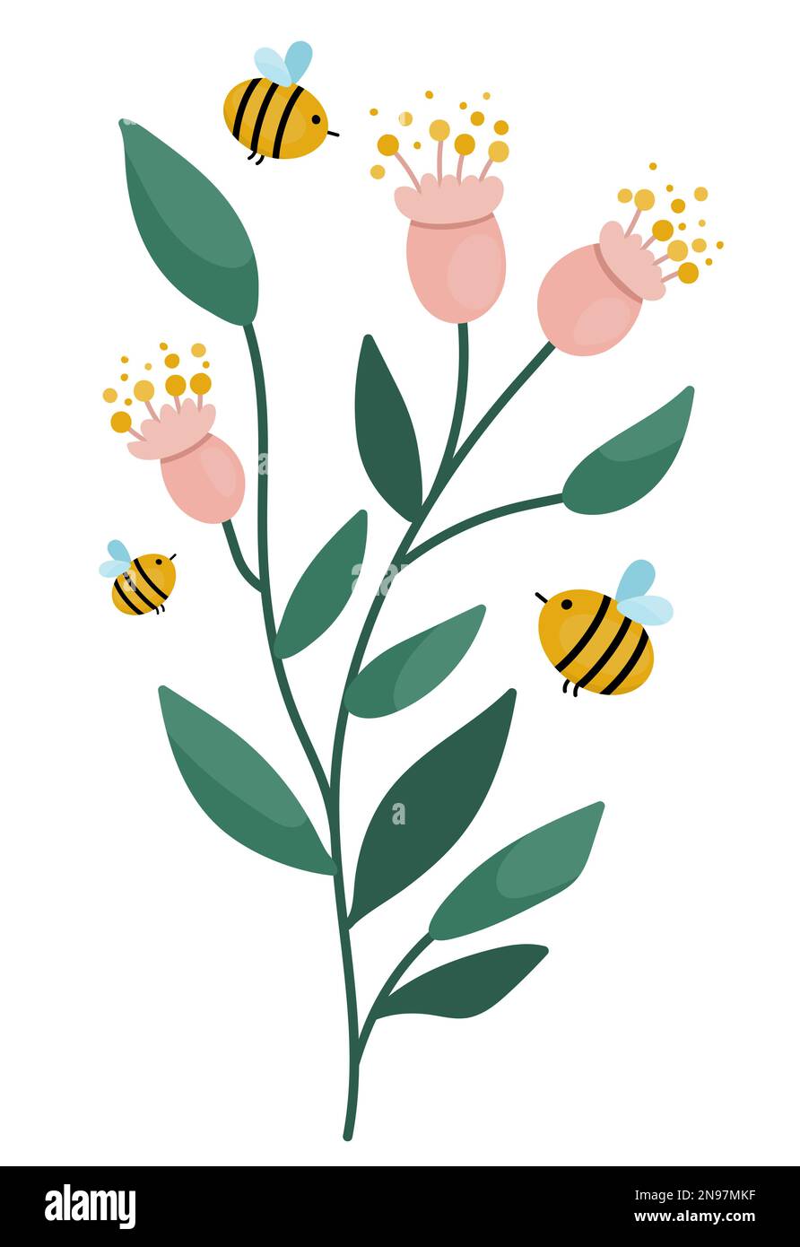 Fleurs vectorielles avec abeilles. Illustration amusante avec les plantes pollinisantes de bourdons. Insectes de miel avec verdure et icône de pollen. Illustration de Vecteur