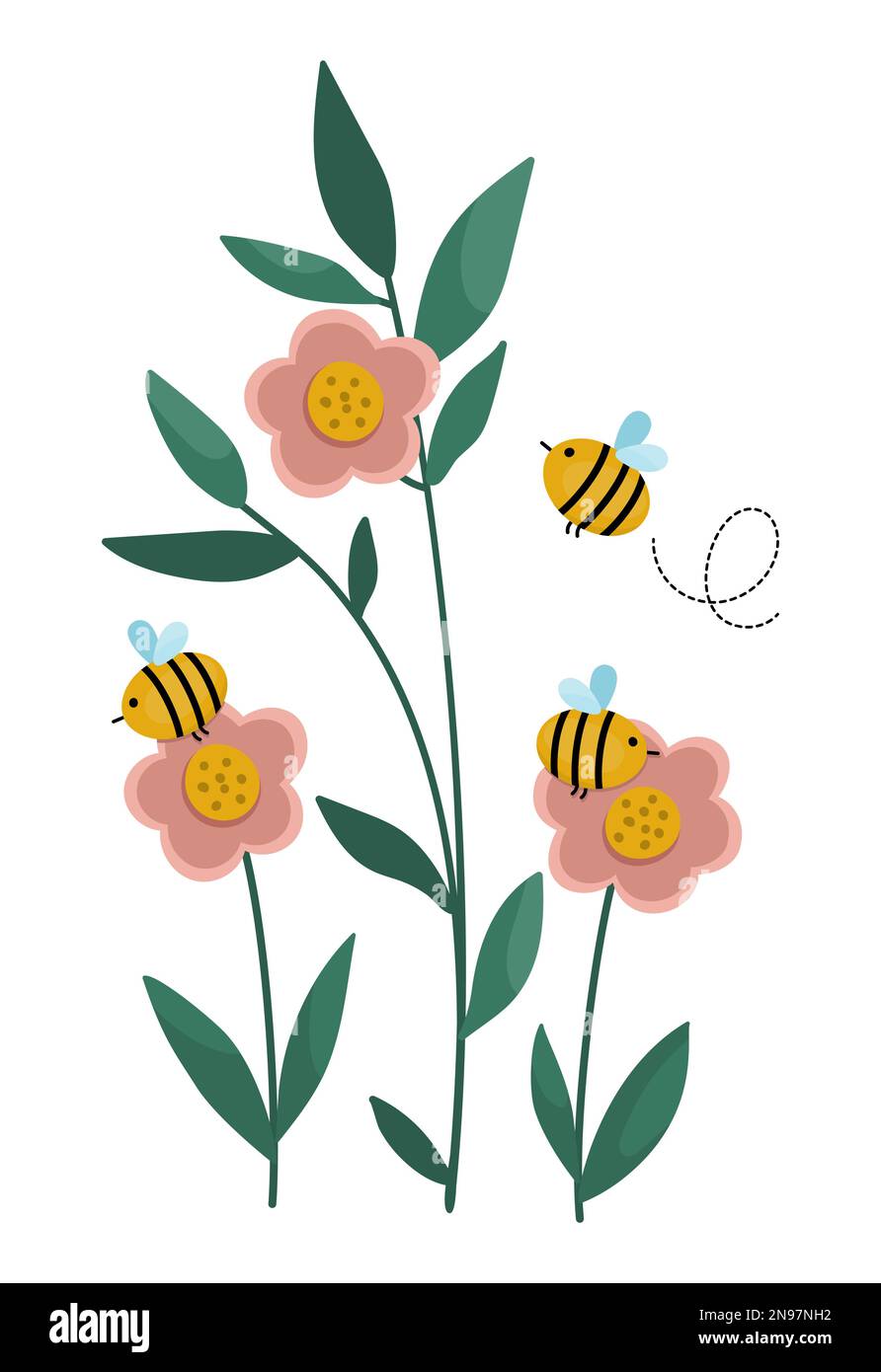 Fleurs vectorielles avec abeilles. Illustration amusante avec les plantes pollinisantes de bourdons. Insectes de miel avec icône de verdure. Illustration de Vecteur
