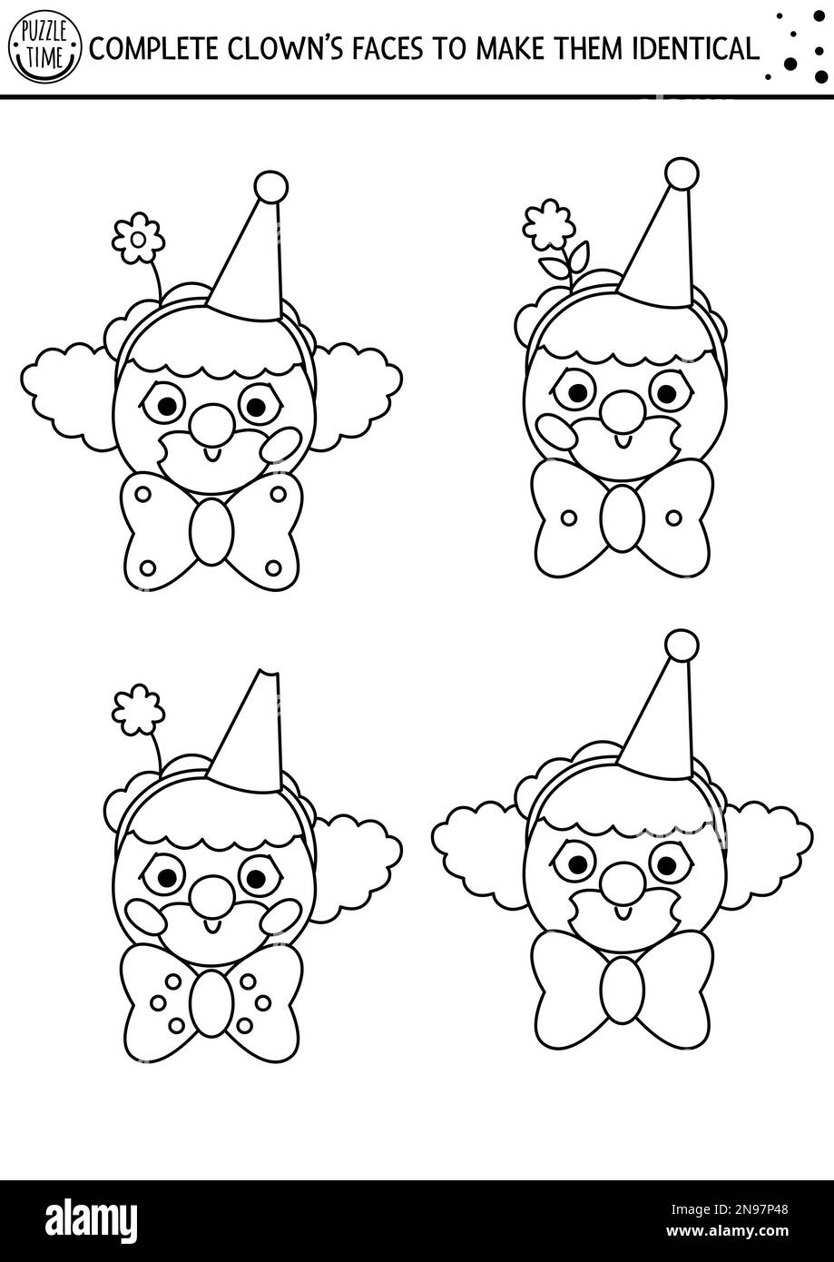 Noir et blanc trouver des différences, logique et jeu de dessin pour les enfants. Activité pédagogique de cirque avec visage clown drôle. Image imprimable complète Illustration de Vecteur