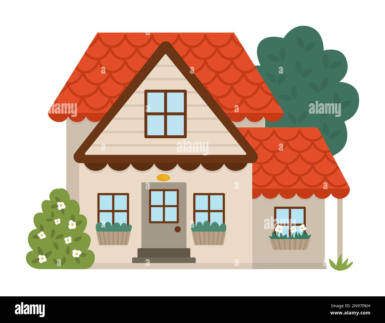 Icône de maison de campagne Vector isolée sur fond blanc. Illustration d'une ferme plate. Jolie maison en bois rouge couverte avec buisson, fenêtres, arbres. Rural o Illustration de Vecteur