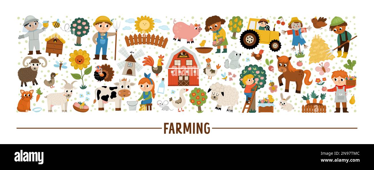 Ensemble horizontal de la ferme vectorielle avec les agriculteurs et les animaux. Modèle de carte de pays rural ou modèle de marché local pour bannières, invitations. Campagne mignonne malade Illustration de Vecteur