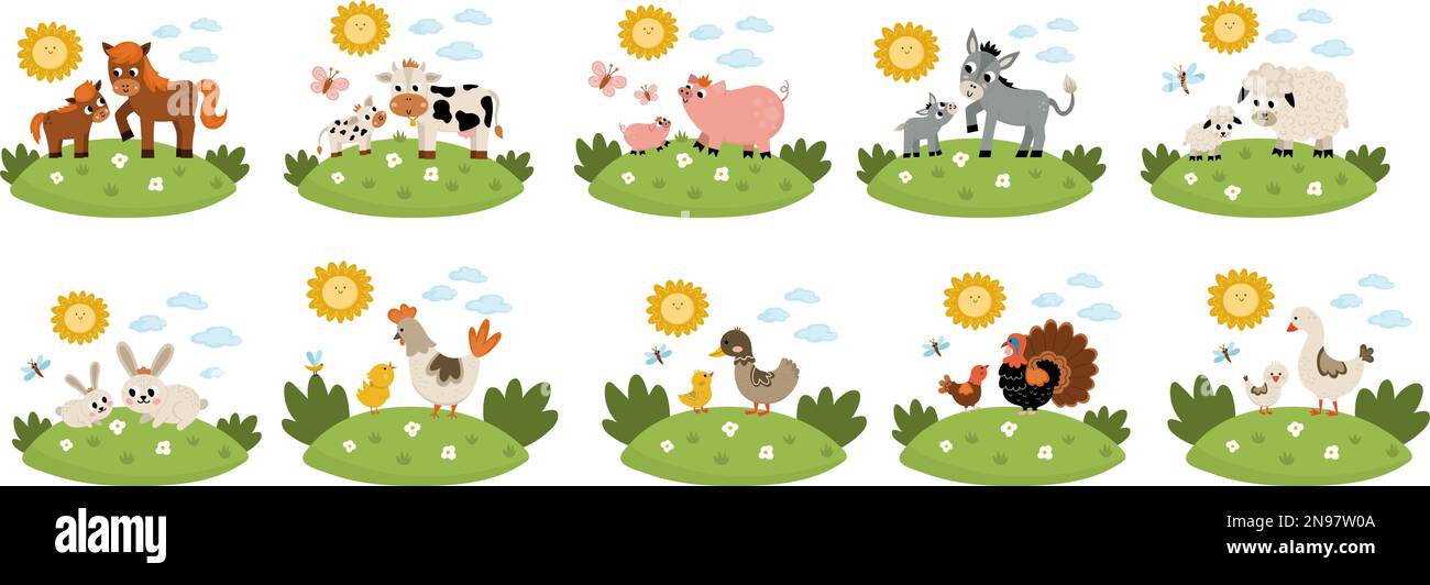 Ensemble de scènes animales de la ferme vectorielle. Collection avec vache, cheval, chèvre, mouton, canard, poule, porc et leurs bébés. Mignon campagne mère et bébé illustration avec Illustration de Vecteur