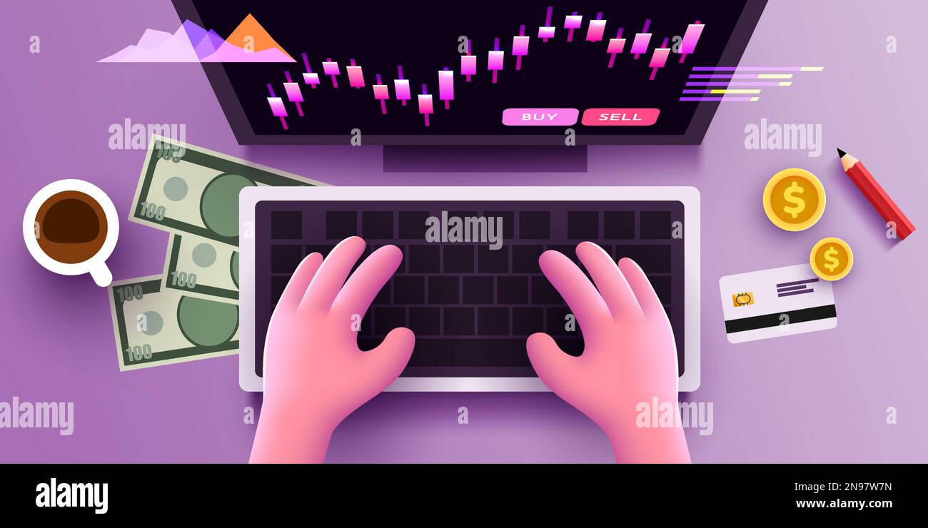 Mignon 3D les mains humaines travaillent sur un clavier d'ordinateur. Analyse financière et concept de gestionnaire. Vue de dessus. Illustration vectorielle Illustration de Vecteur