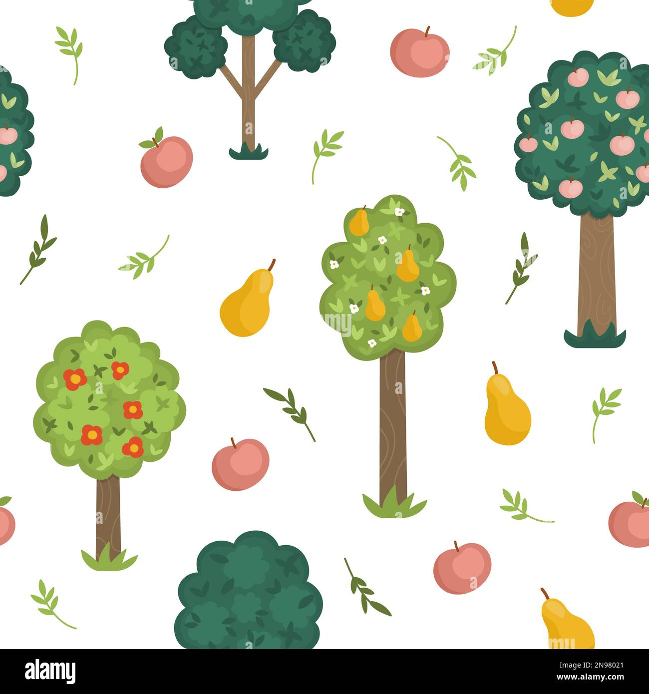 Jardin vectoriel sans couture avec arbres fruitiers et récolte. Légumes et fruits nature répéter l'arrière-plan. Papier numérique agricole avec pommes, p Illustration de Vecteur