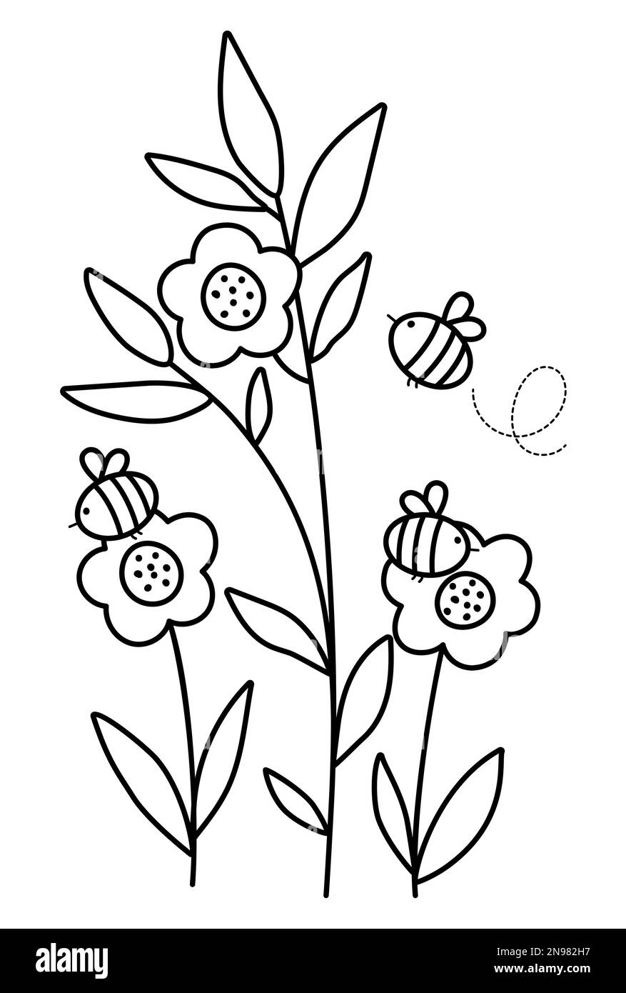 Fleurs noires et blanches vectorielles avec abeilles. Illustration de contour drôle ou page de coloriage avec les plantes pollinisantes de bourdons. Insectes de miel avec verdure Illustration de Vecteur