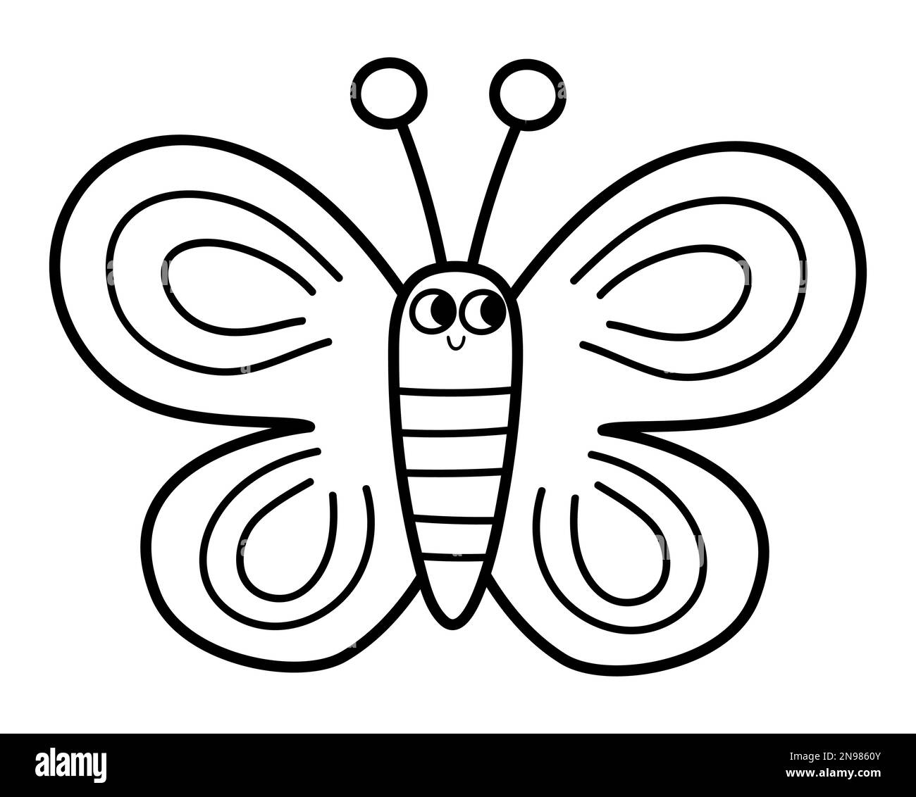 Icône en forme de papillon noir et blanc vectoriel. Adorable photo de ferme. Drôle de forêt, forêt ou insecte de jardin. Illustration de bogue mignon ou page de coloriage pour les enfants Illustration de Vecteur