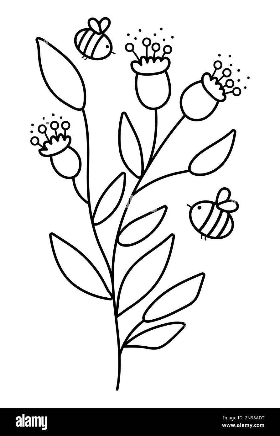 Fleurs noires et blanches vectorielles avec abeilles. Illustration de contour drôle ou page de coloriage avec les plantes pollinisantes de bourdons. Insectes de miel avec verdure Illustration de Vecteur