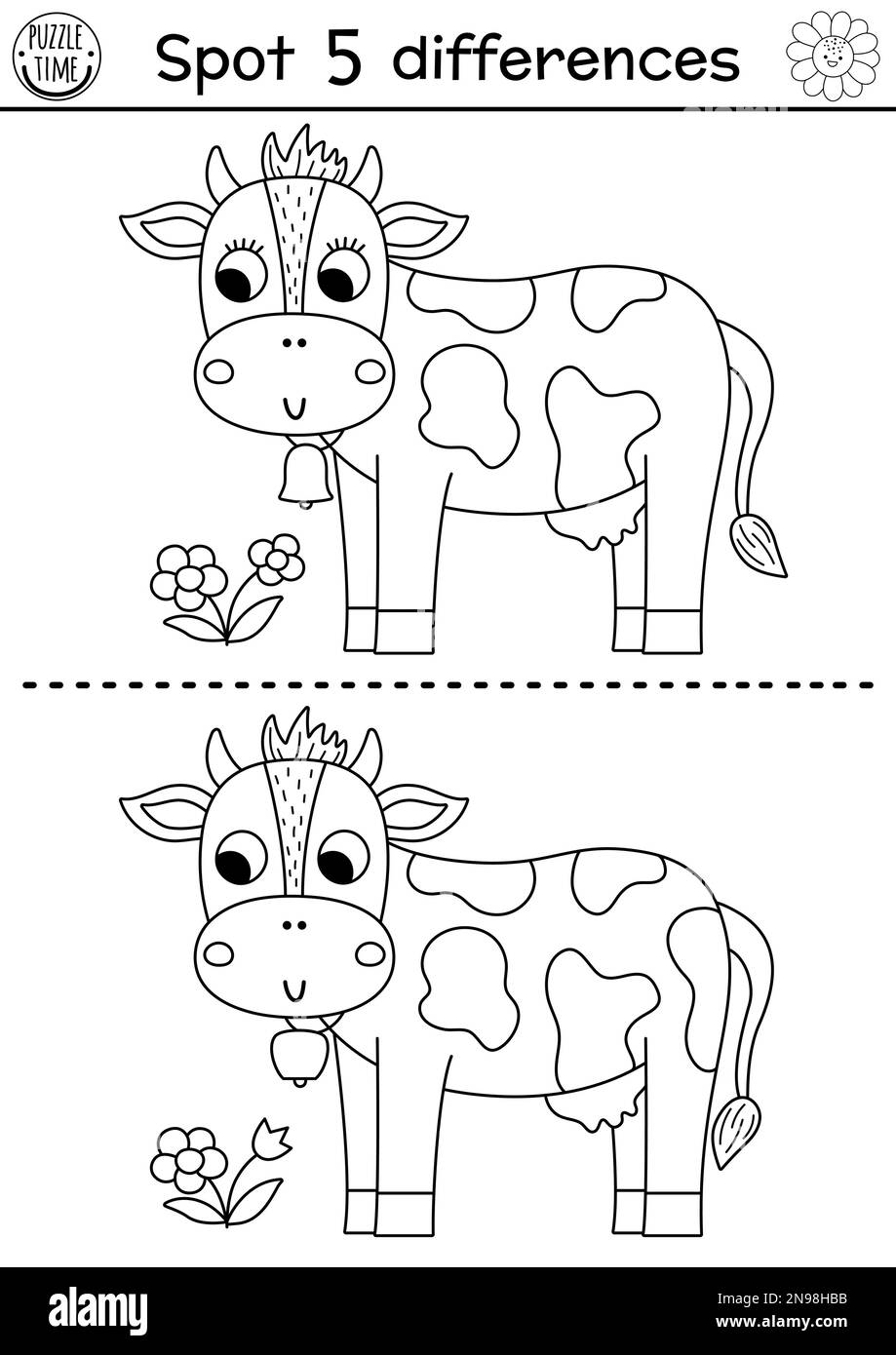 Sur la ferme noir et blanc trouver des différences jeu pour les enfants. Activité éducative avec jolie vache et fleur. Puzzle rural de la campagne avec fa drôle Illustration de Vecteur