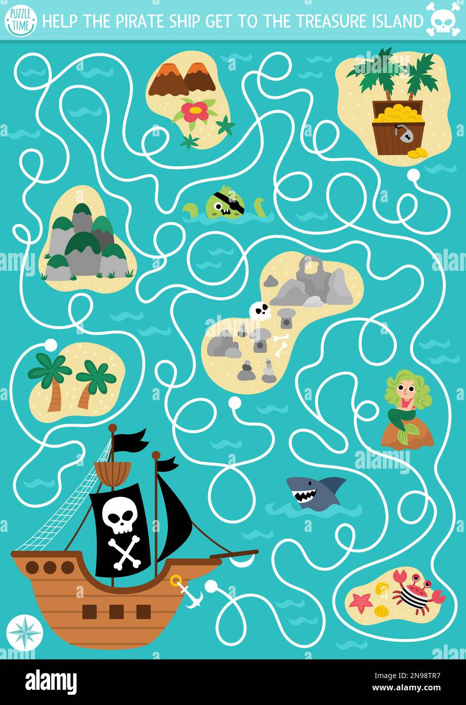 Labyrinthe de pirate pour les enfants avec paysage marin, navire, isles. Chasse au Trésor, activité imprimable préscolaire. Jeux de labyrinthe d'aventures en mer, casse-tête. Aidez le p Illustration de Vecteur
