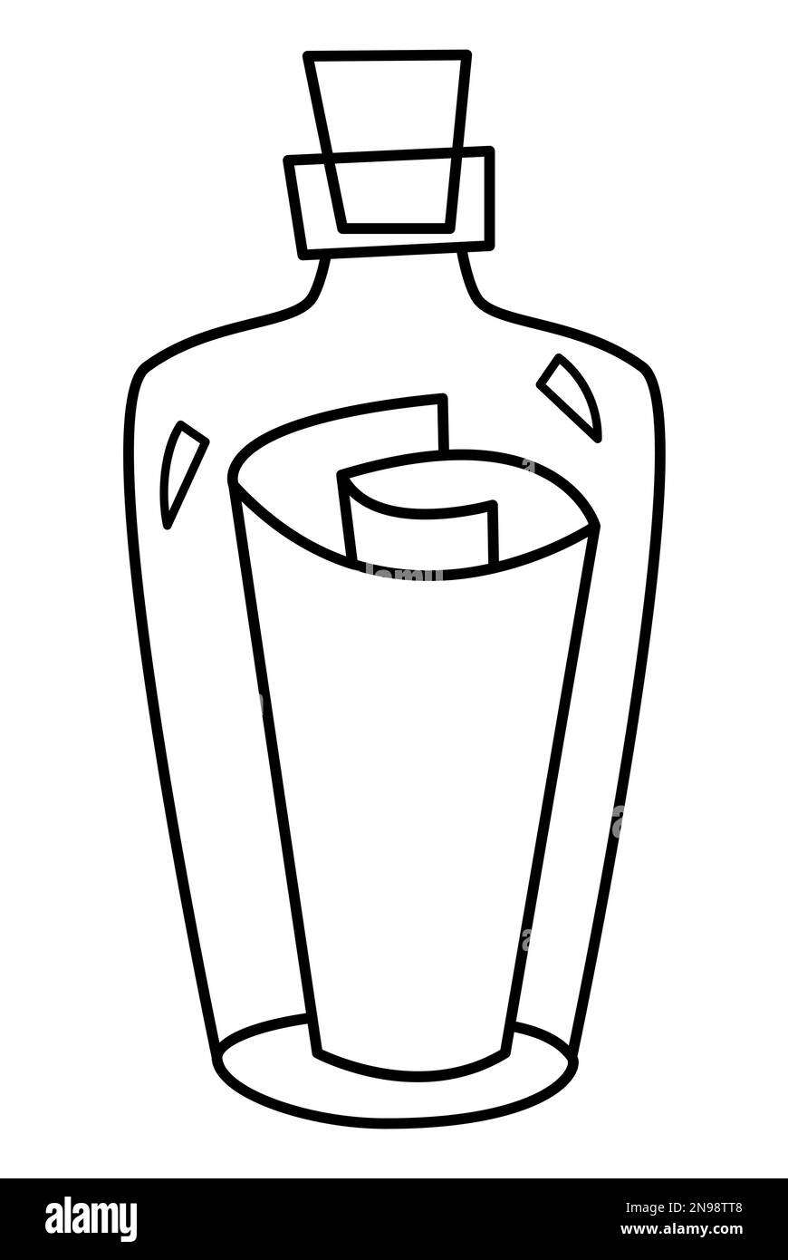 Flacon noir et blanc vectoriel avec icône en papier. Illustration de la lettre de pirate secrète dans un contenant en verre. Décrivez l'image ou le colo de la chasse au Trésor marin Illustration de Vecteur