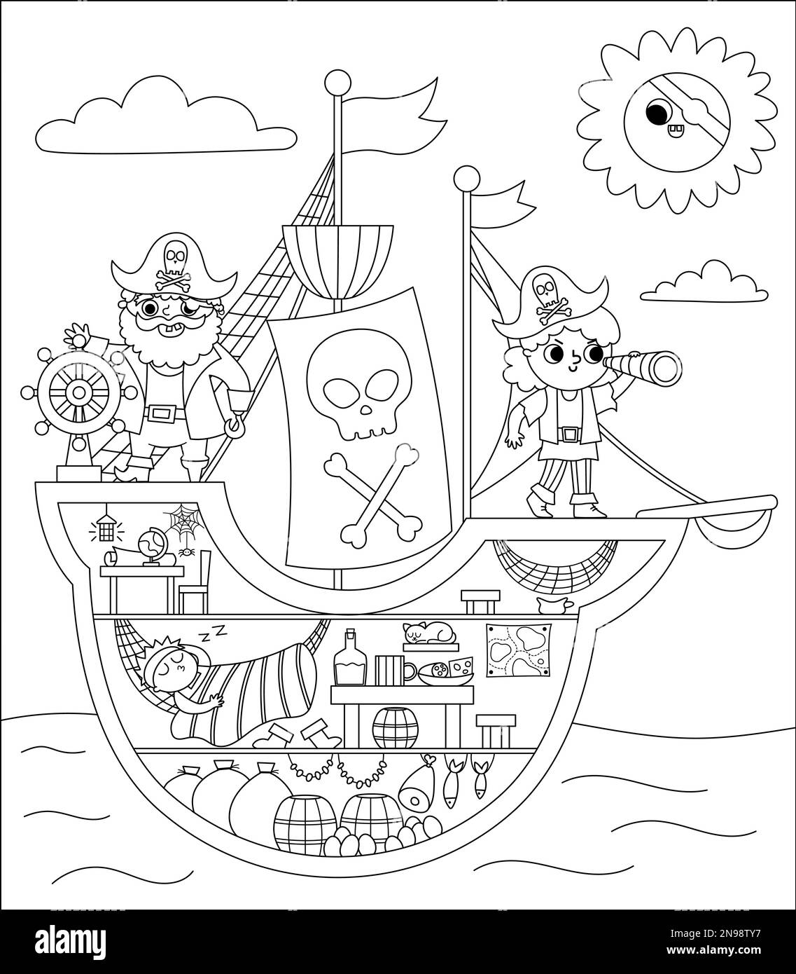 Scène de bateau pirate noir et blanc vectoriel. Intérieur du navire de Raider avec des pirates, soute de cargaison, cabine, capitaine. Illustration de la chasse au Trésor avec le bateau i Illustration de Vecteur