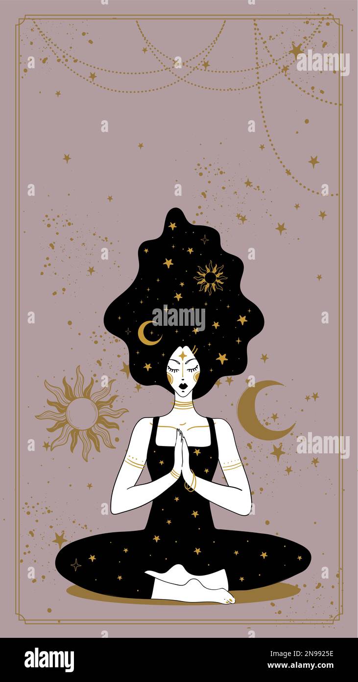 Femme méditant en position lotus, carte boho avec espace de copie pour le texte. Illustration d'art vectoriel, jeune fille pratiquant le yoga, conc. De développement spirituel Illustration de Vecteur