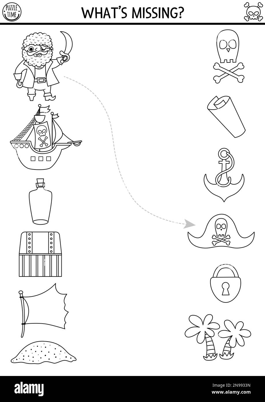 Activité de pirate en noir et blanc assortie avec de jolis symboles marins. Puzzle de chasse au Trésor avec navire, coffre, drapeau, île, bouteille, ancrage. Correspond à l'obje Illustration de Vecteur