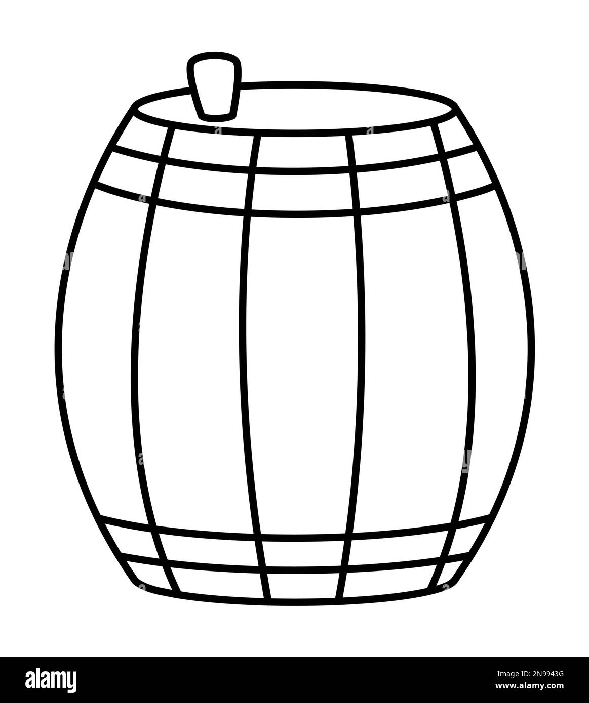 Icône cylindrique noir et blanc vectoriel. Illustration de la cask de ligne. Décrivez l'image du fût pirate isolée sur fond blanc. Récipient à vin en bois marin pict Illustration de Vecteur