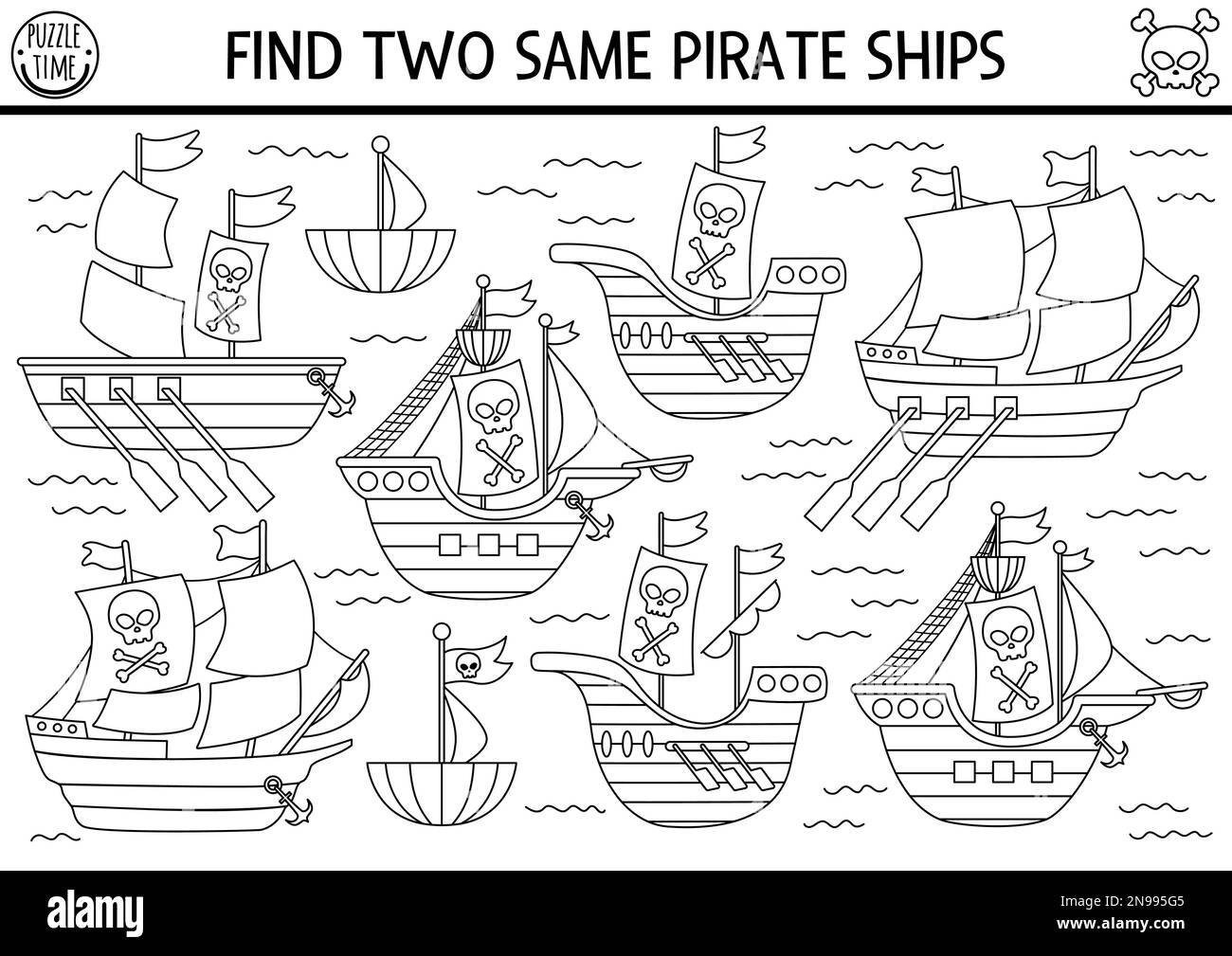 Noir et blanc trouver deux navires de pirate identiques. Activité d'appariement de lignes d'îlots de trésors pour les enfants. Fiche de travail ou coloriage du quiz éducatif Sea Adventures Illustration de Vecteur