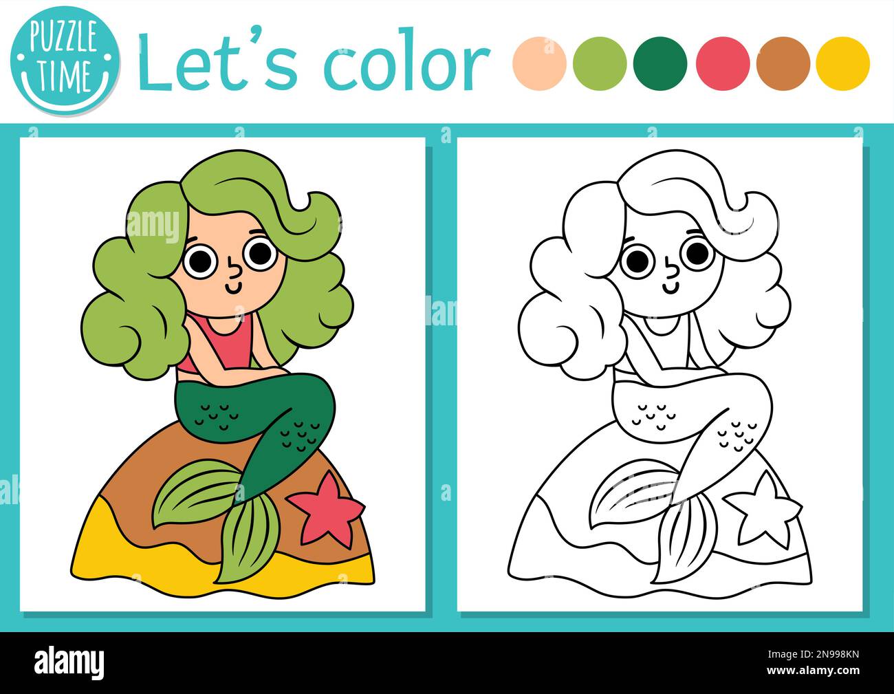 Page de coloriage pirate pour enfants avec mignonne sirène. Illustration vectorielle d'une île au Trésor. Livre couleur pour enfants avec exemple coloré et PRI mer Illustration de Vecteur