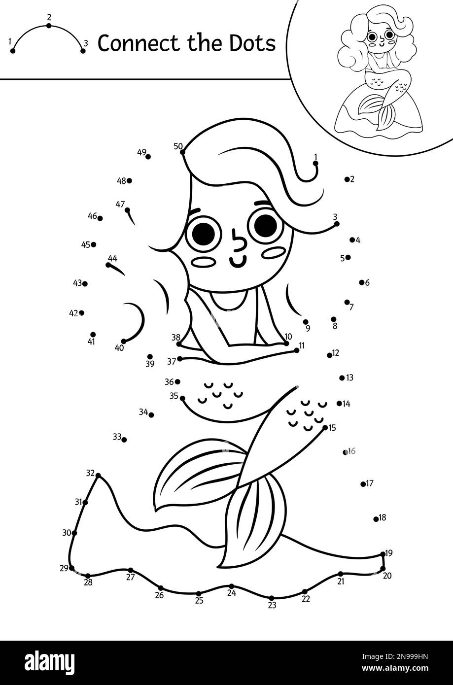 Vecteur point-à-point et activité de couleur avec mignonne sirène. Treasure Island connecter le jeu de points pour les enfants avec fille. Page de coloriage Sea Adventures pour Illustration de Vecteur