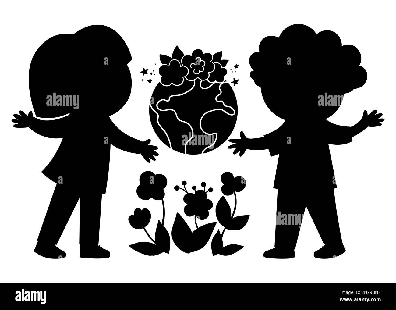 Jolie silhouette écologique avec des enfants tenant la terre entre les mains. Garçon et fille s'occupant de la planète et de l'environnement. Illustration du pochoir noir du jour de la terre. Ce Illustration de Vecteur