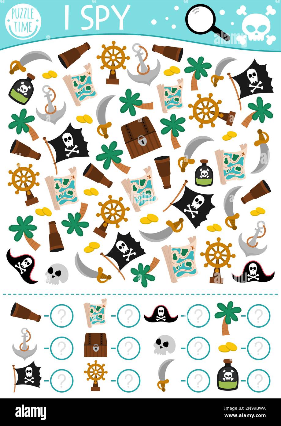 Pirate I jeu d'espion pour les enfants. Activité de recherche et de comptage avec des accessoires et des symboles de pirate. Feuille de travail imprimable Treasure Island Hunt pour les préchoo Illustration de Vecteur