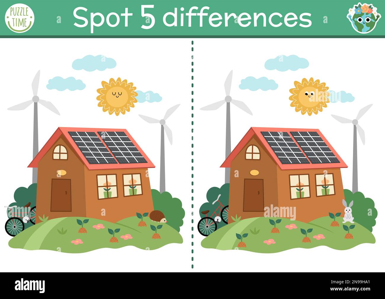 Trouvez le jeu différences pour les enfants. Activité éducative écologique avec maison mignonne, panneaux solaires, éoliennes. Puzzle du jour de la terre pour les enfants. Respectueux de l'environnement Illustration de Vecteur