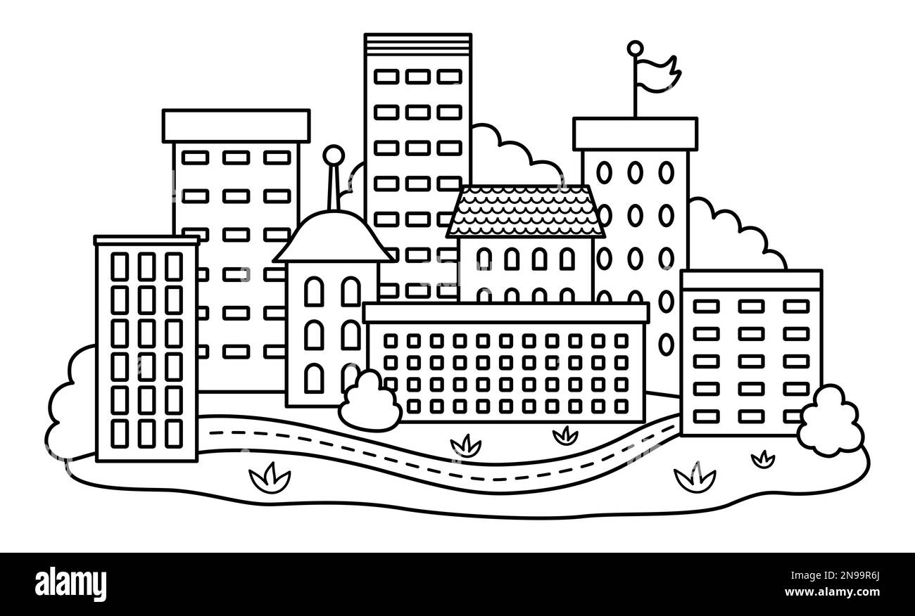 Icône de ville écologique Vector noir et blanc. Concept de maison respectueux de l'environnement avec arbres et bâtiments. Illustration de la ligne de style de vie de ville écologique. Mignon ea Illustration de Vecteur
