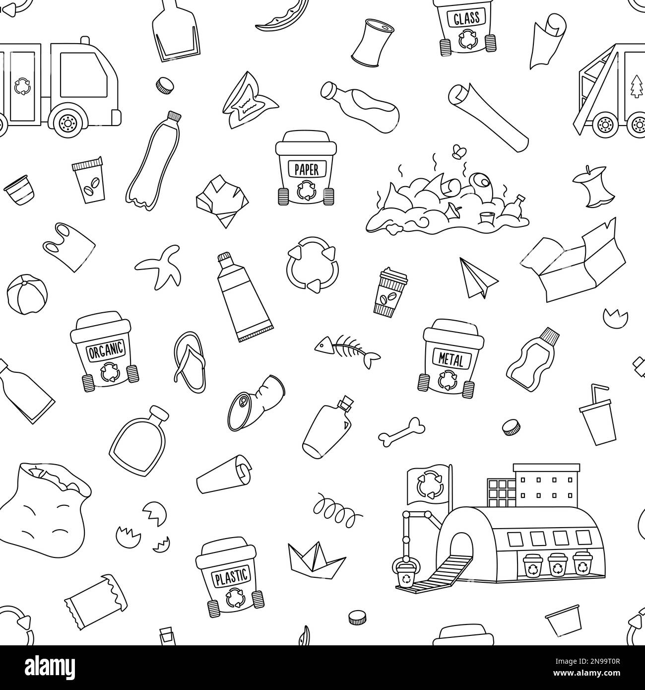 Recyclage et tri des déchets motif noir et blanc sans couture. Vecteur écologique répéter arrière-plan pour les enfants. Page de coloriage du jour de la terre avec poubelles, Illustration de Vecteur